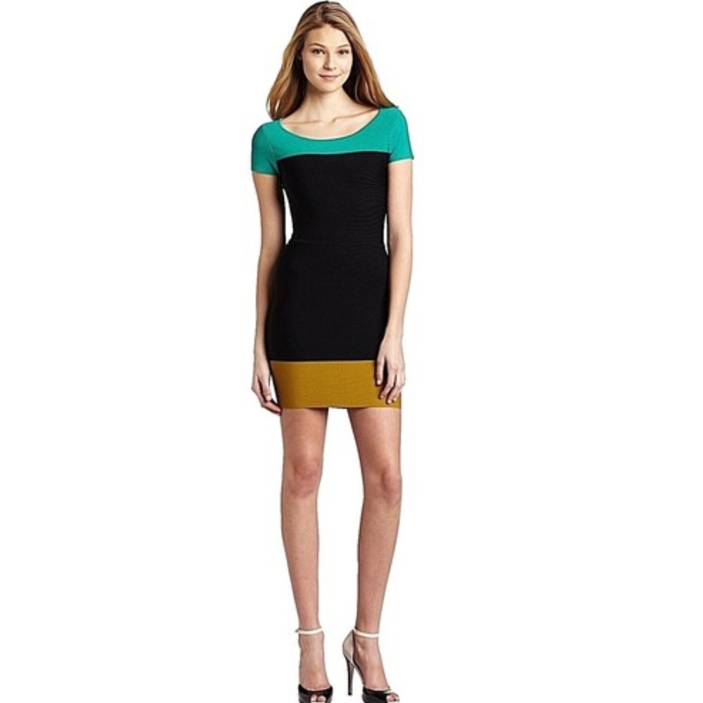 BCBGMAXAZRIA Dress XXS Bodycon Colorblock Bandage Teal Black‎ Gold Mini
